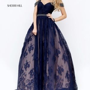 NWT! Sherri Hill Cold Shoulder Navy Lace Ball Gown
